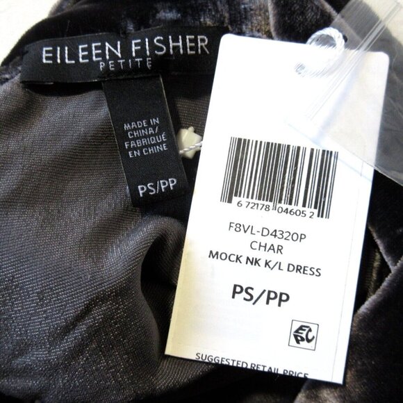 NWT Eileen Fisher Tie Back Mock Neck Shift in Charcoal Velvet Dress PS S Petite - Picture 3 of 5